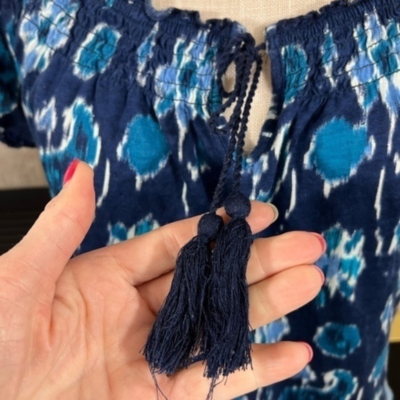Lucky Brand Blue Top with Elastic Neckline and Tassel Ties - Picture 5 of 11